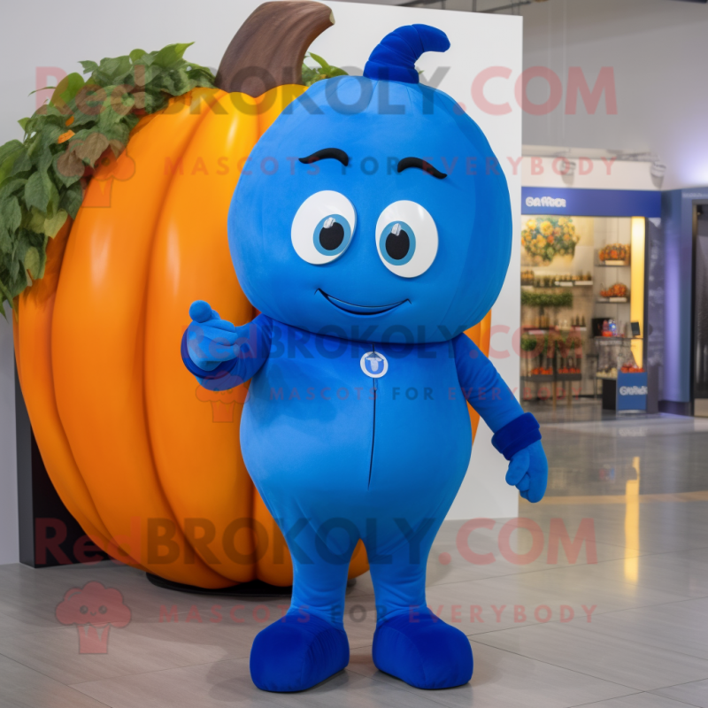 Blue Pumpkin mascot costume character dressed with a Jumpsuit and Earrings