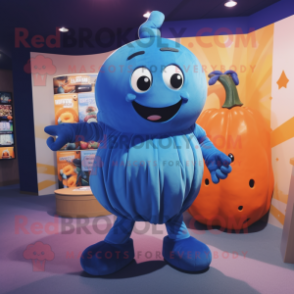 Blue Pumpkin mascot costume character dressed with a Jumpsuit and Earrings