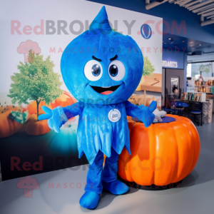 Blue Pumpkin mascot costume character dressed with a Jumpsuit and Earrings