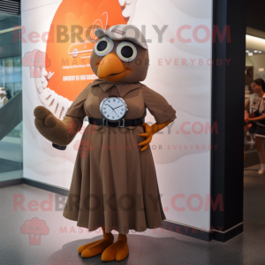Brown Seagull mascot costume character dressed with a Pleated Skirt and Smartwatches