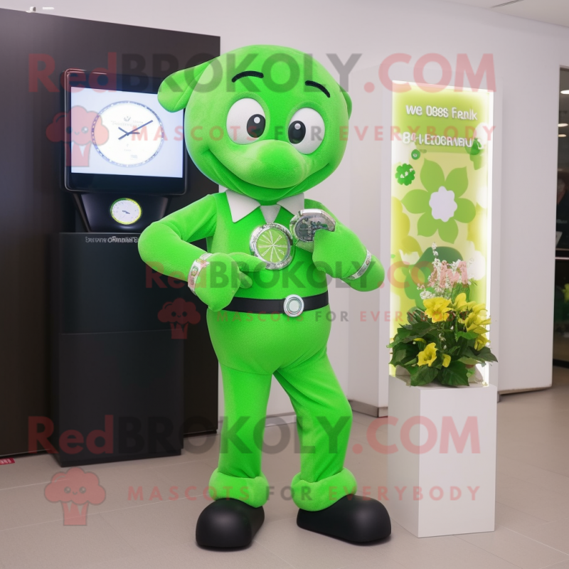 Lime Green Four Leaf Clover mascot costume character dressed with a Dress Pants and Digital watches