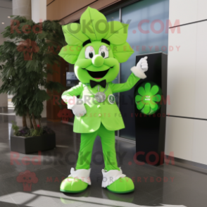 Lime Green Four Leaf Clover mascot costume character dressed with a Dress Pants and Digital watches
