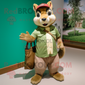 Olive Squirrel mascot costume character dressed with a Chinos and Tote bags