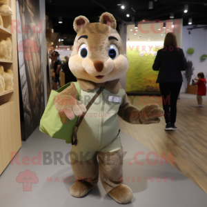 Olive Squirrel mascot costume character dressed with a Chinos and Tote bags