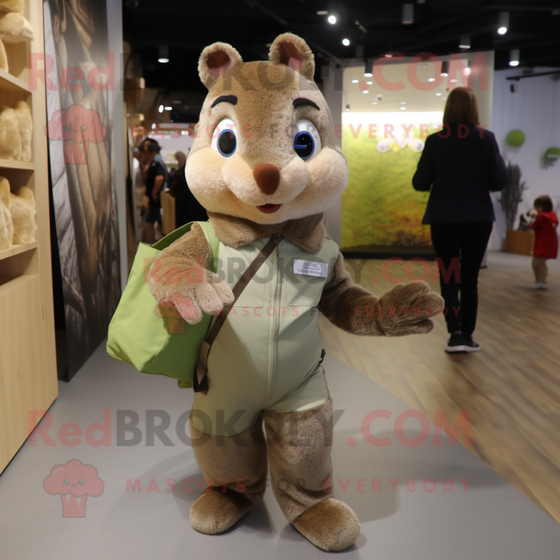 Olive Squirrel mascot costume character dressed with a Chinos and Tote bags Olive Squirrel mascot costume character dressed with a Chinos and Tote bags
