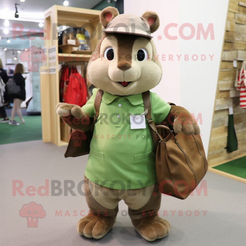 Olive Squirrel mascot costume character dressed with a Chinos and Tote bags