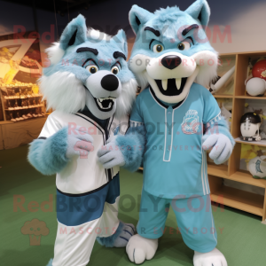 Cyan Werewolf mascot costume character dressed with a Baseball Tee and Brooches