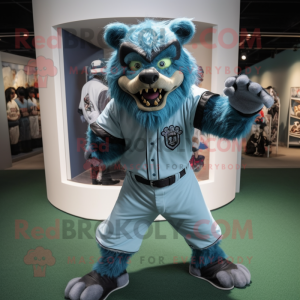 Cyan Werewolf mascot costume character dressed with a Baseball Tee and Brooches