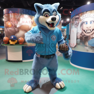Cyan Werewolf mascot costume character dressed with a Baseball Tee and Brooches