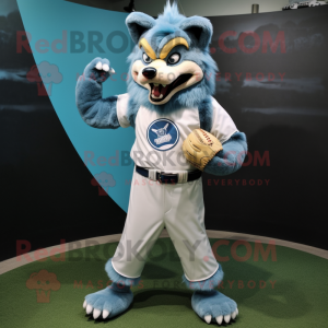 Cyan Werewolf mascot costume character dressed with a Baseball Tee and Brooches