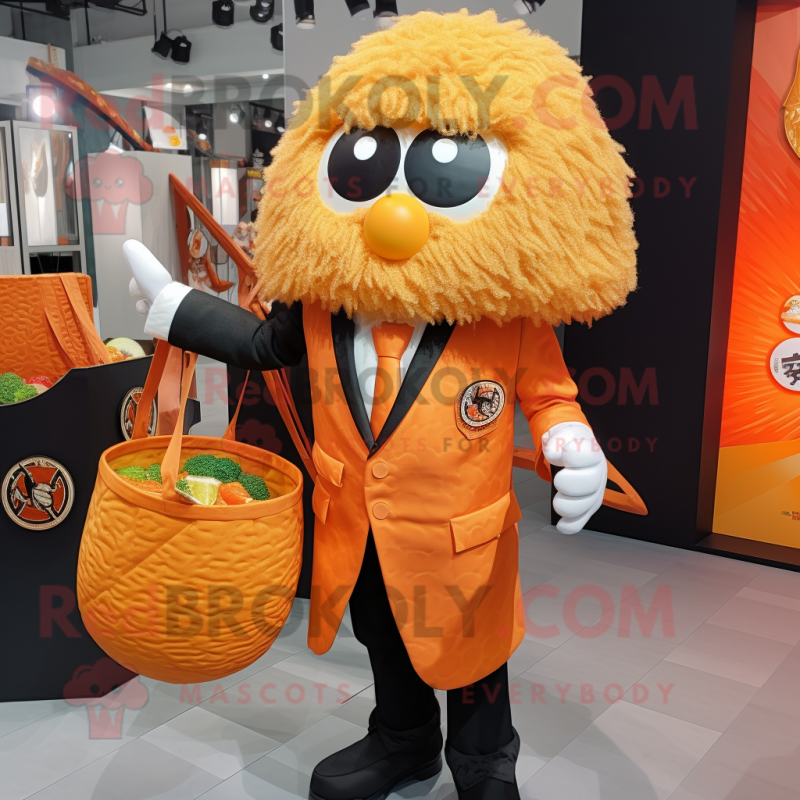 Orange Ramen mascot costume character dressed with a Blazer and Handbags Orange Ramen mascot costume character dressed with a Blazer and Handbags