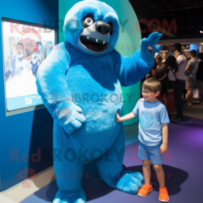 Blue Giant Sloth mascot costume character dressed with a Playsuit and Watches
