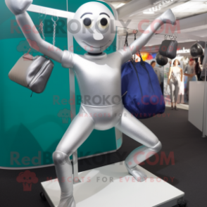 Silver Trapeze Artist mascot costume character dressed with a Leggings and Briefcases