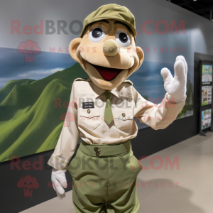 Beige Green Beret mascot costume character dressed with a Poplin Shirt and Suspenders
