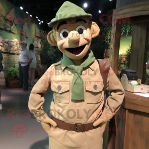 Beige Green Beret mascot costume character dressed with a Poplin Shirt and Suspenders