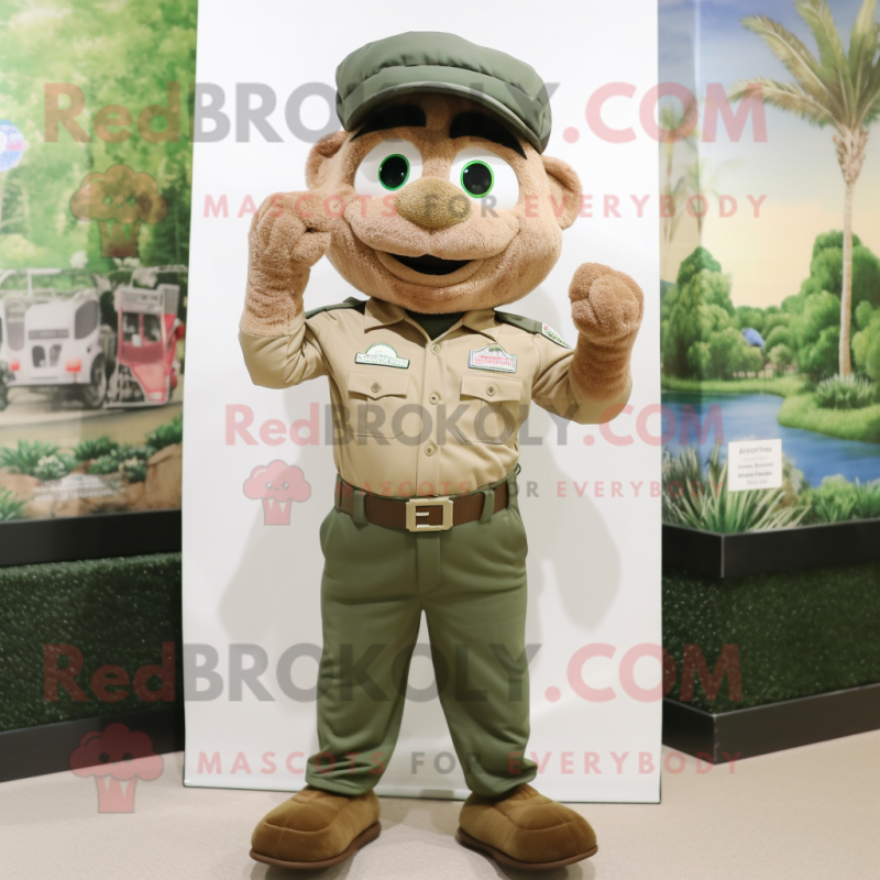 Beige Green Beret mascot costume character dressed with a Poplin Shirt and Suspenders