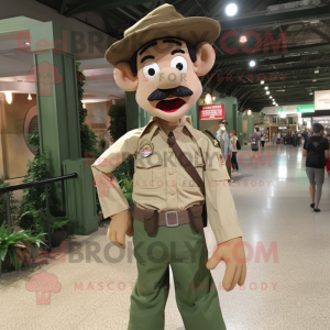 Beige Green Beret mascot costume character dressed with a Poplin Shirt and Suspenders
