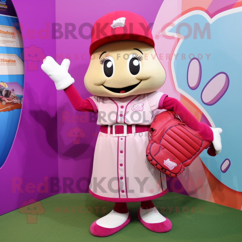Magenta Baseball Glove mascot costume character dressed with a A-Line Dress and Wallets Magenta Baseball Glove mascot costume character dressed with a A-Line Dress and Wallets