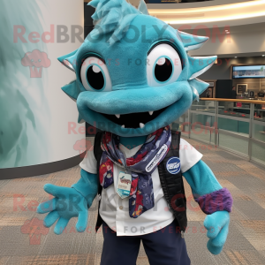 Teal Barracuda mascot costume character dressed with a Button-Up Shirt and Scarf clips
