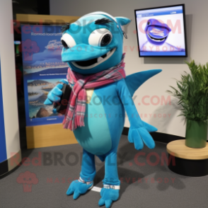 Teal Barracuda mascot costume character dressed with a Button-Up Shirt and Scarf clips