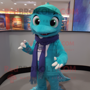 Teal Barracuda mascot costume character dressed with a Button-Up Shirt and Scarf clips