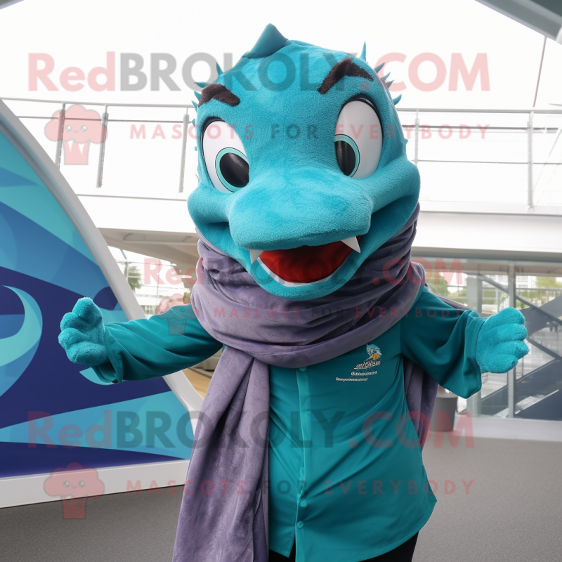 Teal Barracuda mascot costume character dressed with a Button-Up Shirt and Scarf clips