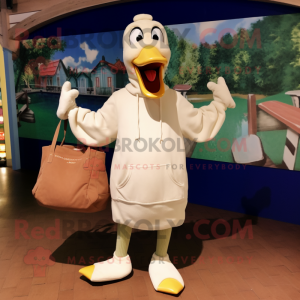 Beige Swans mascot costume character dressed with a Sweatshirt and Tote bags