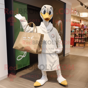 Beige Swans mascot costume character dressed with a Sweatshirt and Tote bags