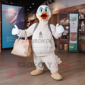 Beige Swans mascot costume character dressed with a Sweatshirt and Tote bags