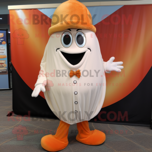 Orange Clam Chowder mascot costume character dressed with a Suit Pants and Shoe clips