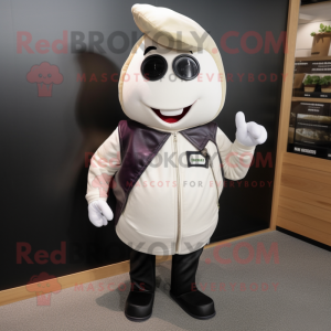White Eggplant mascot costume character dressed with a Leather Jacket and Lapel pins
