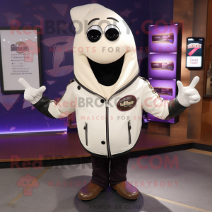 White Eggplant mascot costume character dressed with a Leather Jacket and Lapel pins