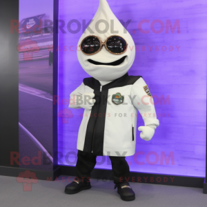 White Eggplant mascot costume character dressed with a Leather Jacket and Lapel pins