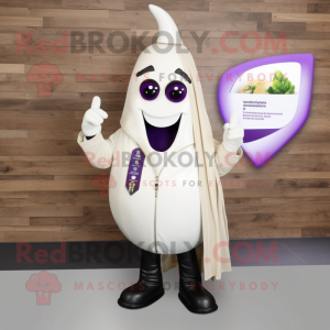 White Eggplant mascot costume character dressed with a Leather Jacket and Lapel pins