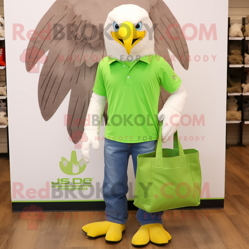 Lime Green Bald Eagle mascot costume character dressed with a Bootcut Jeans and Tote bags