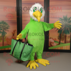 Lime Green Bald Eagle mascot costume character dressed with a Bootcut Jeans and Tote bags