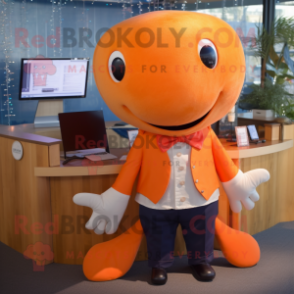 Orange Whale mascot costume character dressed with a Button-Up Shirt and Tie pins