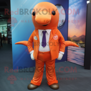 Orange Whale mascot costume character dressed with a Button-Up Shirt and Tie pins