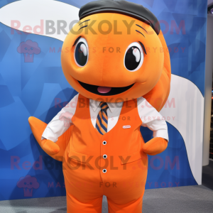 Orange Whale mascot costume character dressed with a Button-Up Shirt and Tie pins