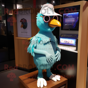 Cyan Pigeon mascot costume character dressed with a Henley Shirt and Hairpins