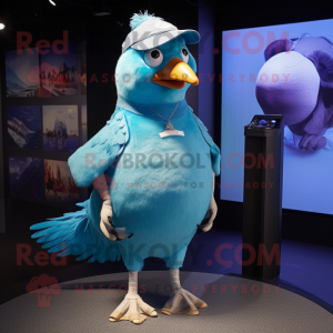 Cyan Pigeon mascot costume character dressed with a Henley Shirt and Hairpins