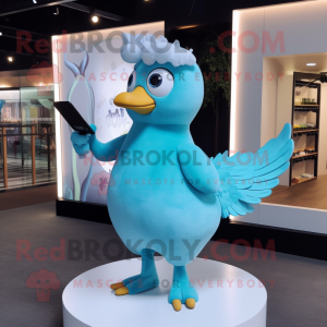 Cyan Pigeon mascot costume character dressed with a Henley Shirt and Hairpins