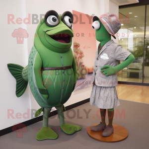 Olive Salmon mascot costume character dressed with a Sheath Dress and Watches
