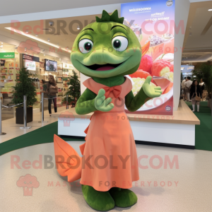 Olive Salmon mascot costume character dressed with a Sheath Dress and Watches