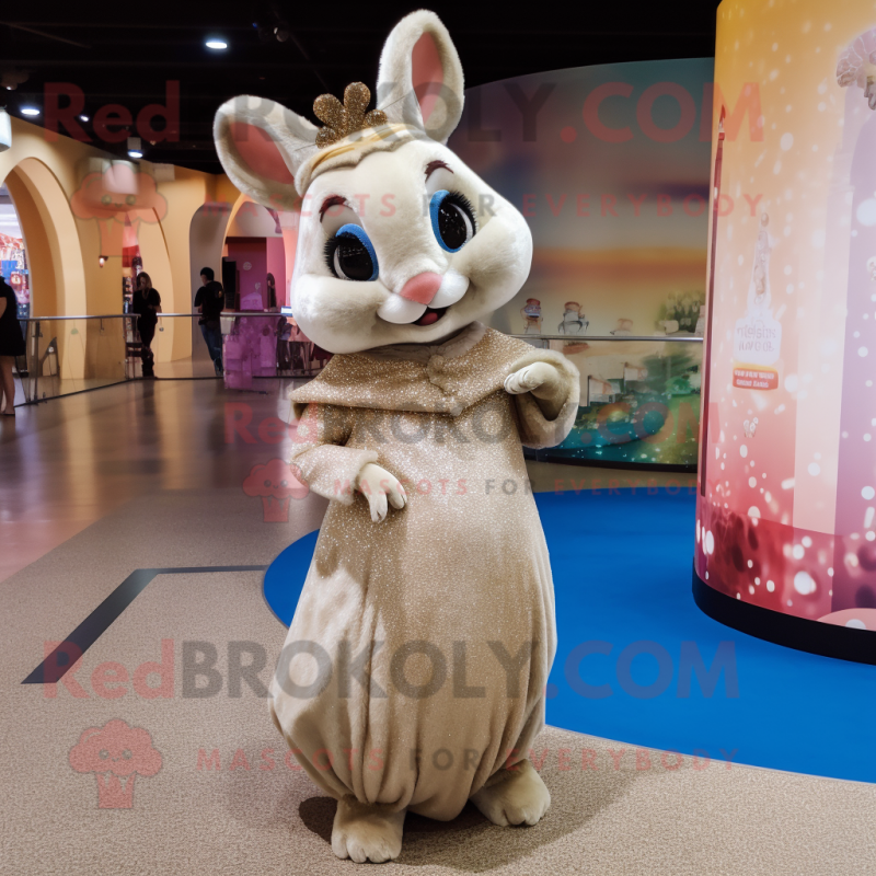 Tan Chinchilla mascot costume character dressed with a Ball Gown and Earrings