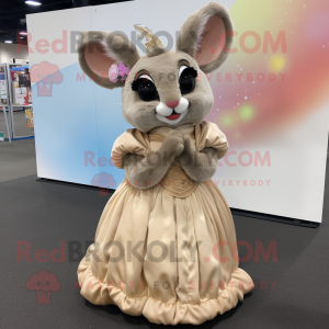 Tan Chinchilla mascot costume character dressed with a Ball Gown and Earrings