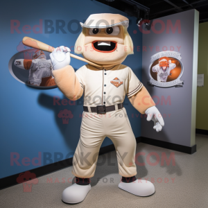 Tan Knife Thrower mascot costume character dressed with a Baseball Tee and Messenger bags