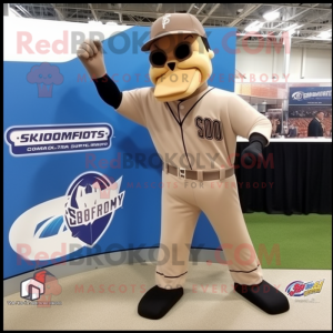 Tan Knife Thrower mascot costume character dressed with a Baseball Tee and Messenger bags