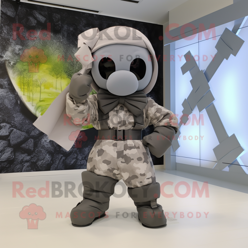 Gray Commando mascot costume character dressed with a Hoodie and Bow ties Gray Commando mascot costume character dressed with a Hoodie and Bow ties