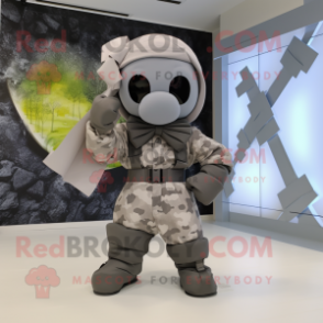 Gray Commando mascot costume character dressed with a Hoodie and Bow ties